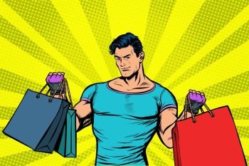 strong muscular man with bags on sale. Pop art retro vector illustration vintage kitsch drawing. strong muscular man with bags on sale