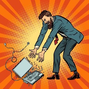 Man destroys laptop. Stress at work. Pop art retro vector illustration kitsch vintage. Man destroys laptop. Stress at work