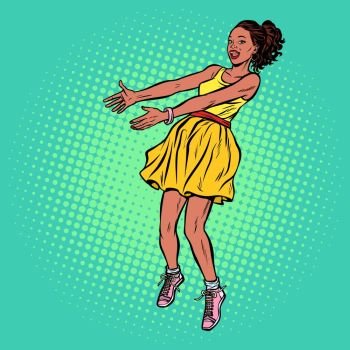 African woman outstretched hands. Pop art retro vector illustration kitsch vintage drawing. African woman outstretched hands