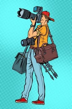 Professional photographer with camera and equipment. Pop art retro vector illustration vintage kitsch. Professional photographer with camera and equipment