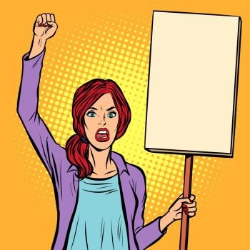 Woman protesting with a poster. Political activist at the rally. Pop art retro vector illustration vintage kitsch. pop art Woman protesting with a poster. Political activist at th