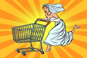 The bride runs for wedding shopping. Pop art retro vector illustration vintage kitsch. pop art bride runs for wedding shopping