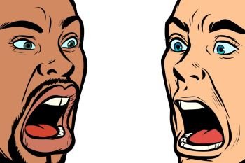 man scream face. African and Caucasian people. Pop art retro vector illustration kitsch vintage. man scream face. African and Caucasian people
