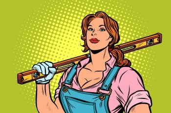 female construction worker with level. Pop art retro vector illustration vintage kitsch. female construction worker with level