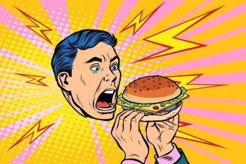 man eating Burger. Pop art retro vector illustration kitsch vintage. man eating Burger