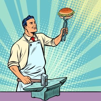 Cook blacksmith forges a Burger on the anvil. Fast food. Pop art retro illustration vintage kitsch drawing. Cook blacksmith forges a Burger on the anvil