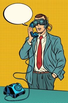 VR glasses. Steampunk cyberpunk. man talking on a retro phone. Pop art retro vector illustration vintage kitsch. VR glasses. Steampunk cyberpunk. man talking on a retro phone