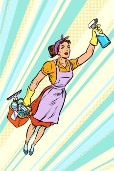 woman cleaner, superhero flying. service. Pop art retro vector illustration vintage kitsch. woman cleaner, superhero flying. service