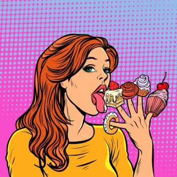 Beautiful woman licking sweets from her fingers. sweets cake cupcake donut marshmallow. Pop art retro vector illustration vintage kitsch. Beautiful woman licking sweets from her fingers