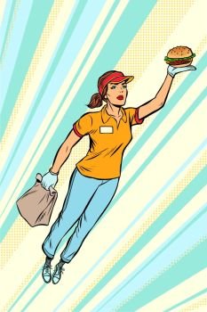 waitress Burger fast food delivery flying superhero help. Pop art retro vector illustration vintage kitsch. waitress Burger fast food delivery flying superhero help