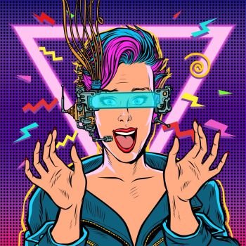 joyful woman in VR glasses. Pop art retro vector illustration vintage kitsch. joyful woman in VR glasses