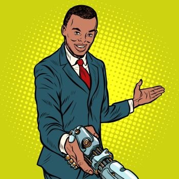 African businessman handshake to robot. Pop art retro vector illustration. African businessman handshake to robot