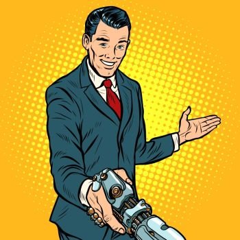 businessman shaking hands with robot, new technology. Pop art retro vector illustration. businessman shaking hands with robot, new technology