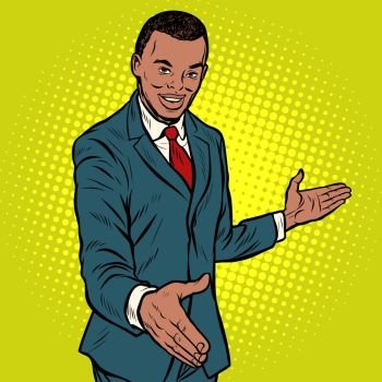 African businessman shaking hands. Pop art retro vector illustration. African businessman shaking hands