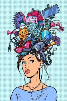 Thoughts modern woman concept. Pop art retro vector illustration kitsch vintage. Thoughts modern woman concept