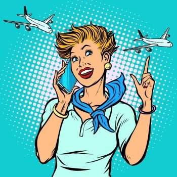 stewardess at the airport talking on the phone. Pop art retro vector illustration kitsch vintage. stewardess at the airport talking on the phone