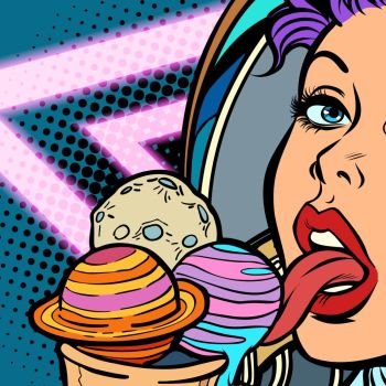 Planets are like ice cream. Woman astronaut licks sweets. Pop art retro vector illustration. Girls 80s. Planets are like ice cream. Woman astronaut licks sweets. Girls 