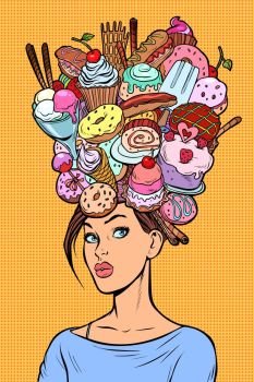 Hungry woman thoughts concept. Sweets baking birthday. Pop art retro vector illustration kitsch vintage. Hungry woman thoughts concept. Sweets baking birthday