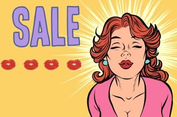 woman kiss sale pop art. retro vector illustration kitsch vintage. woman kiss sale pop art