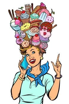 stewardess woman dreams of food and sweets. Pop art retro vector illustration kitsch vintage. stewardess woman dreams of food and sweets