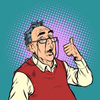 surprised elderly man with glasses thumb up like. Pop art retro vector illustration vintage kitsch. surprised elderly man with glasses thumb up like