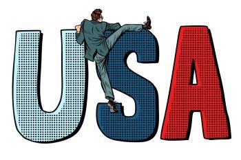 usa word letters. United States of America. isolate on white background businessman man climbs across the border illegal migration. Pop art retro vector illustration kitsch vintage. businessman man climbs across the border usa. isolate on white background