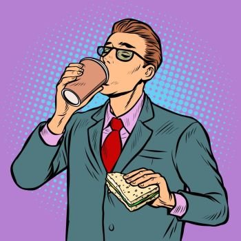 man drinking coffee and eating sandwich. Pop art retro vector illustration kitsch vintage. man drinking coffee and eating sandwich