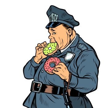 cop eats donut. isolate on white background. Pop art retro vector illustration kitsch vintage. cop eats donut. isolate on white background