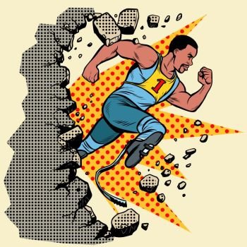 breaks the wall. disabled African runner with leg prostheses running forward. sports competition. Pop art retro vector illustration vintage kitsch. breaks the wall. disabled African runner with leg prostheses running forward. sports competition