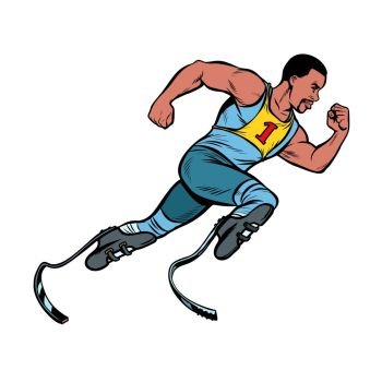 disabled African runner with leg prostheses running forward. sports competition. Pop art retro vector illustration vintage kitsch. disabled African runner with leg prostheses running forward. sports competition