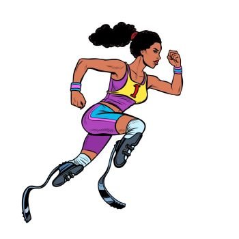 disabled African woman runner with leg prostheses running forward. sports competition. Pop art retro vector illustration vintage kitsch. disabled African woman runner with leg prostheses running forward. sports competition