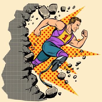 breaks the wall disabled runner with leg prostheses running forward. sports competition. Pop art retro vector illustration vintage kitsch. breaks the wall disabled runner with leg prostheses running forward. sports competition