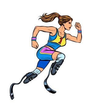 disabled runner woman with leg prostheses running forward. sports competition. Pop art retro vector illustration vintage kitsch. disabled runner woman with leg prostheses running forward. sports competition