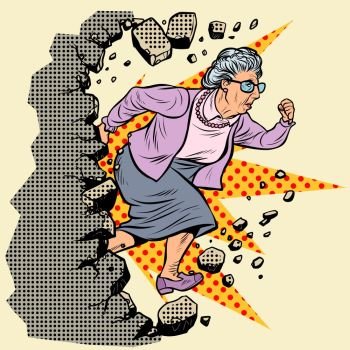 active old Granny pensioner breaks the wall of stereotypes. Moving forward, personal development. Pop art retro vector illustration vintage kitsch. active old Granny pensioner breaks the wall of stereotypes