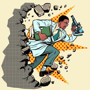 african scientist with microscope breaks a wall, destroys stereotypes. Moving forward, personal development. Pop art retro vector illustration vintage kitsch. african scientist with microscope breaks a wall, destroys stereotypes