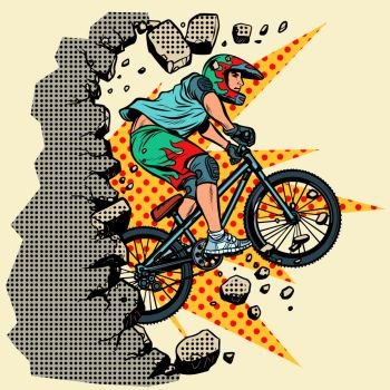 cyclist extreme sports wall breaks. Moving forward, personal development. Pop art retro vector illustration vintage kitsch. cyclist extreme sports wall breaks