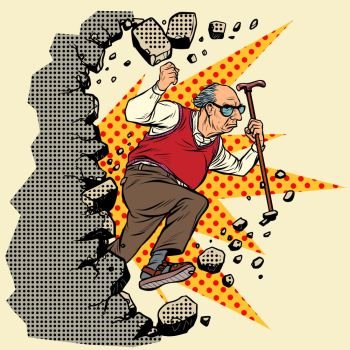 active old man pensioner breaks the wall of stereotypess. Moving forward, personal development. Pop art retro vector illustration vintage kitsch. active old man pensioner breaks the wall of stereotypes