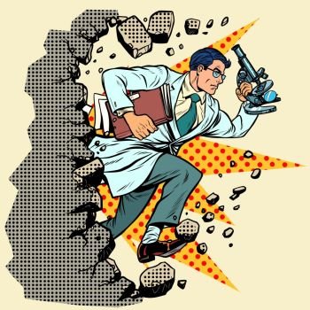 scientist with microscope breaks a wall, destroys stereotypes. Moving forward, personal development. Pop art retro vector illustration vintage kitsch. scientist with microscope breaks a wall, destroys stereotypes