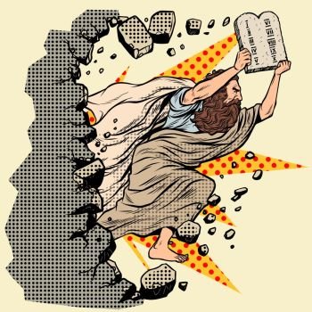 Moses with tablets of the Covenant 10 commandments breaks a wall, destroys stereotypes. Christian and Jewish religion. Old Testament prophet character. Pop art retro vector illustration vintage kitsch. Moses with tablets of the Covenant 10 commandments breaks a wall, destroys stereotypes