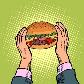 hands holding a Burger. fast food restaurant. Pop art retro vector illustration vintage kitsch 50s 60s. hands holding a Burger. fast food restaurant