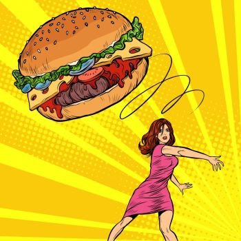 Woman throws Burger, fast food. Diet and healthy eating. Pop art retro vector illustration vintage kitsch 50s 60s. Woman throws Burger, fast food. Diet and healthy eating