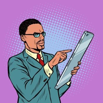 african businessman and smartphone with large screen. Pop art retro vector illustration vintage kitsch 50s 60s. african businessman and smartphone with big screen