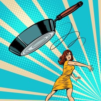 woman throws a frying pan. Pop art retro vector illustration vintage kitsch 50s 60s. woman throws a frying pan