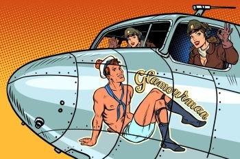women pilots girls. Pinup man on the fuselage of a retro bomber. Pop art retro vector illustration vintage kitsch. women pilots girls. Pinup man on the fuselage of a retro bomber