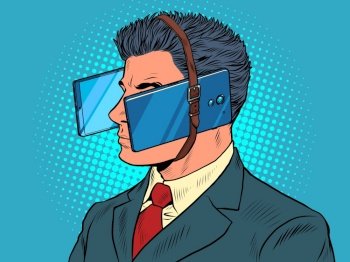 virtual reality A male businessman is passionate about smartphonese. Dependence on gadgets. The phone prevents you from seeing. Pop Art Retro Illustration Kitsch Vintage 50s 60s Style. virtual reality A male businessman is passionate about smartphones