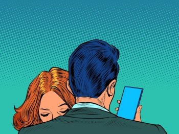 A man embraces a woman and looks at his smartphone. Pop art retro vector illustration 50s 60s style. A man embraces a woman and looks at his smartphone