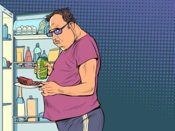 Fat man at the refrigerator. Night hunger. Overweight and health, diet. Pop Art Retro Illustration Kitsch Vintage 50s 60s Style. Fat man at the refrigerator. Night hunger. Overweight and health, diet