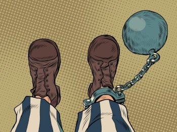 a prisoner with a ball on his leg feet shoes profession. Pop art retro vector illustration vintage kitsch 50s 60s style. a prisoner with a ball on his leg feet shoes profession
