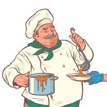 a male chef prepares delicious food. Pop art retro illustration comic cartoon 50s 60s style kitsch vintage. a male chef prepares delicious food