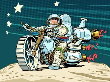Astronaut biker on a space motorcycle. Science fiction. Transport of the future. Pop art retro vector illustration kitsch vintage 50s 60s style. Astronaut biker on a space motorcycle. Science fiction. Transport of the future